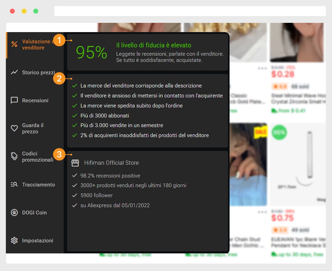 Vista avanzata. Valutazione dettagliata del venditore