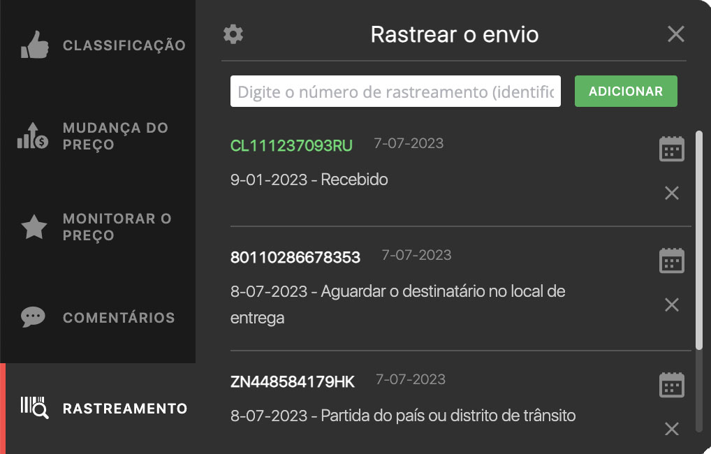 Lista de encomendas monitorizadas