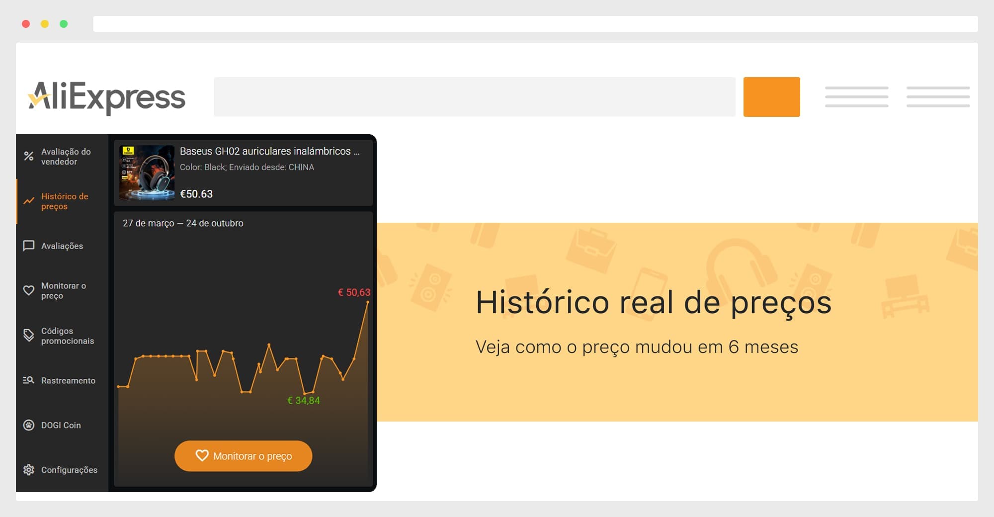O AliHelper fica de olho no preço para fazer compras baratas!